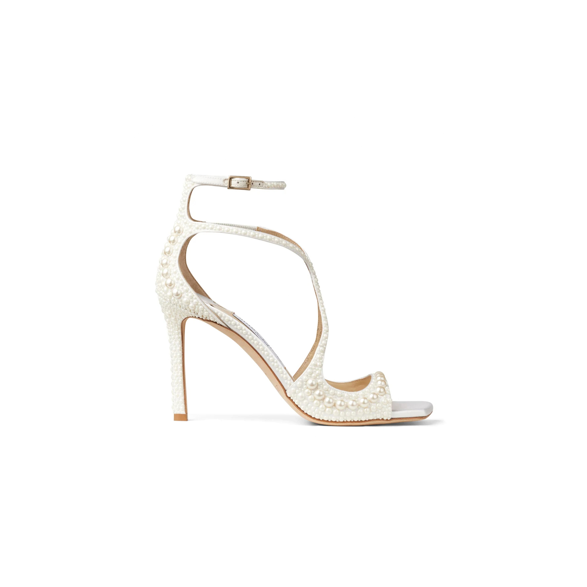 JIMMY CHOO AZIA 95 WHITE SATIN SANDALS WITH ALL-OVER PEARLS AZIA95WOZ_S